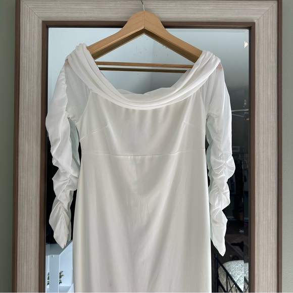 NWT CLUB L London Pretty Perfect White Maternity Ruched Mesh Bardot Maxi Dress - Picture 4 of 12